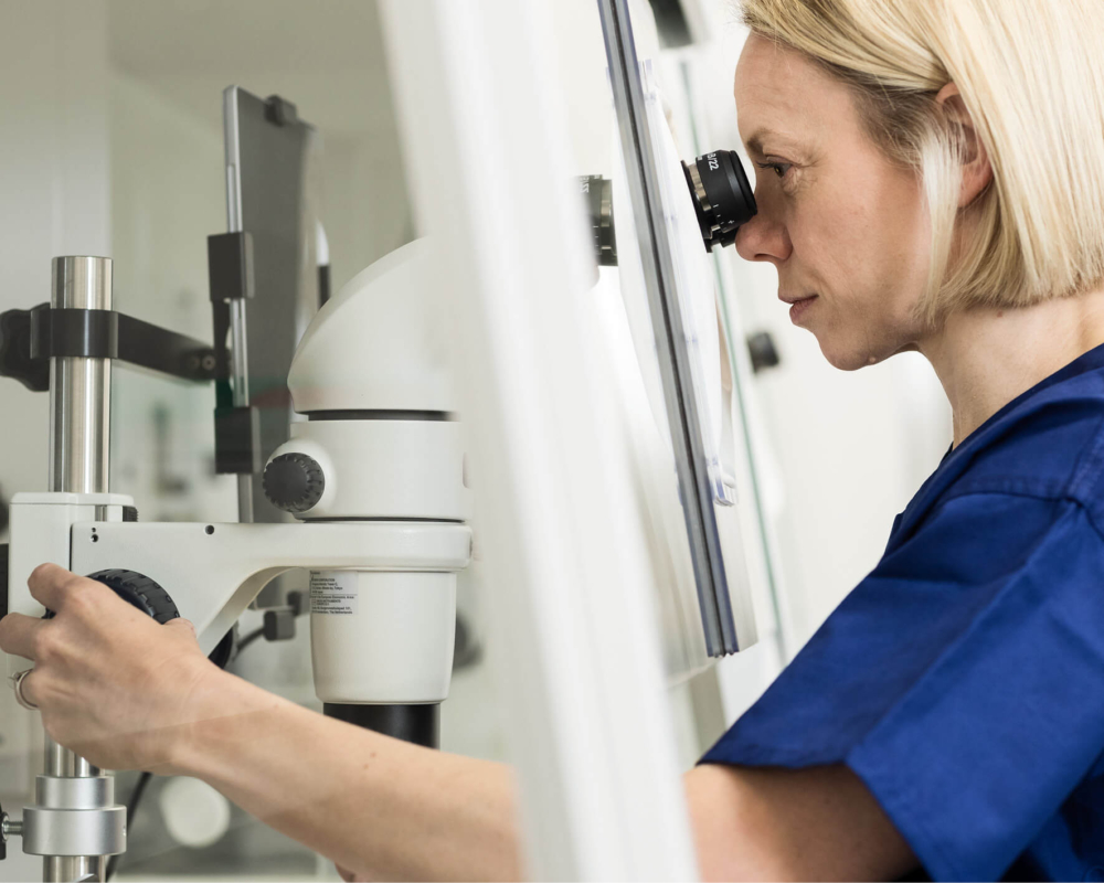 Embryologist in the fertility lab looking at fertility samples through a microscope